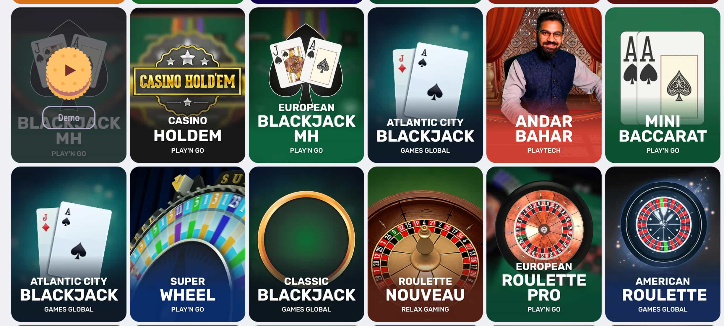 Cookie Casino games catalogue with live dealer and slots